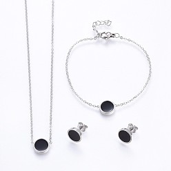 Stainless Steel Color 304 Stainless Steel Jewelry Sets, Pendant Necklaces & Stud Earrings & Bracelets, with Enamel, Flat Round, Stainless Steel Color, 16.93 inch(43cm), 7-1/8 inch(18cm), 10x2mm, Pin: 0.8mm