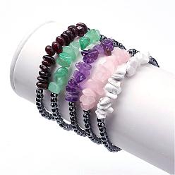 Mixed Stone Natural Gemstone Stretch Bracelets, with Non-Magnetic Synthetic Hematite Beads, 1-7/8 inch(49mm)