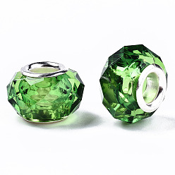 Зеленый лайм Прозрачный полимер европейские шарики, имитационные кристаллические, бусины с большим отверстием, с двойных ядер серебрянного цвета, граненые, рондель, зеленый лайм, 14x9.5 мм, отверстие : 5 мм