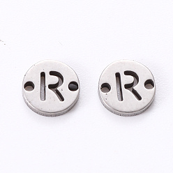 Letter R 201 Stainless Steel Links, Laser Cut, Flat Round with Letter, Letter.R, 6x6x1mm, Hole: 0.8mm