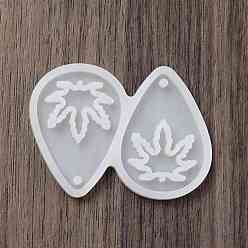 White DIY Pendant Silicone Molds, Resin Casting Molds, For UV Resin, Epoxy Resin Jewelry Making, Teardrop with Leaf, White, 44x60x4.5mm, Hole: 2.5mm, Inner Diameter: 40x28mm