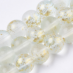 Azur Brins de perles de verre peintes à la bombe givrée, avec une feuille d'or, ronde, azur, 10~11mm, Trou: 1.4~1.6mm, Environ 39~42 pcs/chapelet, 14.84 pouces ~ 15.27 pouces (37.7~38.8 cm)
