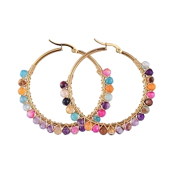 Natural Agate Beaded Hoop Earrings, with with Natural Agate Beads, Golden Plated 304 Stainless Steel Hoop Earrings, 50mm, Pin: 0.6x1mm