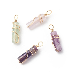 Fluorite Natural Fluorite Pendants, with Golden Tone Copper Wire Wrapped, Column Charm, 18.5~20x5~5.5mm, Hole: 2.5mm