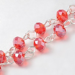 Rouge Chaînes de perles de verre rondelles faites main pour colliers fabrication de bracelets, avec épingle à oeil en fer, non soudée, couleur argent plaqué, rouge, 39.3 pouce, Environ 92 pcs/chapelet