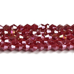 Dark Red Opaque Solid Color Electroplate Glass Beads Strands, AB Color Plated, Faceted, Bicone, Dark Red, 4x4mm, Hole: 0.8mm, about 87~98pcs/strand, 12.76~14.61 inch(32.4~37.1cm)