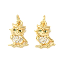 Real 18K Gold Plated Rack Plating Brass Micro Pave Cubic Zirconia Pendants, with Jump Ring, Long-Lasting Plated, Lead Free & Cadmium Free, Owl Charm, Real 18K Gold Plated, 14.5x10x3mm, Hole: 3.5mm