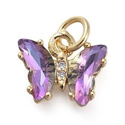 Medium Purple Brass Micro Pave Clear Cubic Zirconia Pendant, with Glass, Butterfly, Golden, Medium Purple, 18mm