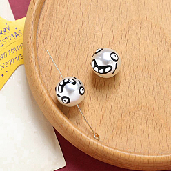 Black Halloween Resin Imitation Pearl Beads, Enamel Style, Round with Face Pattern, Black, 12mm