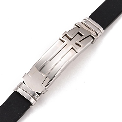 Stainless Steel Color 201 Stainless Steel Rectangle with Cross Link Bracelet with PU Leather Cord for Men Women, Stainless Steel Color, 8-1/2 inch(21.5cm)