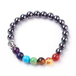 Mixed Material Gemstone Stretch Bracelets, Round, Chakra Beaded Bracelets, with Alloy Findings, Buddha Head, 2-1/8 inch(54mm)