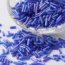 Royal Blue Transparent Colours Rainbow Plated Glass Bugle Beads, Round Hole, Royal Blue, 6~7x1.5~2mm, Hole: 0.5mm, about 12500pcs/bag