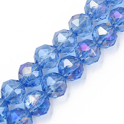 Cornflower Blue Electroplate Transparent Glass Beads Strands, Faceted, Round, Cornflower Blue, 10x8.5mm, Hole: 1.2mm, about 60pcs/strand, 20.47 inch(52cm)
