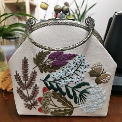 Beige DIY Kiss Lock Coin Purse Embroidery Kit, Including Embroidered Fabric, Embroidery Needles & Thread, Metal Purse Handle, Flower Pattern, Beige, 210x165x40mm