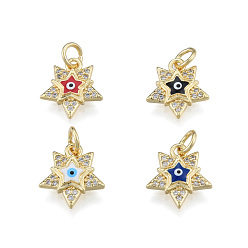 Mixed Color Brass Micro Pave Clear Cubic Zirconia Charms, with Enamel and Jump Rings, Real 18K Gold Plated, Nickel Free, Star with Evil Eye, Mixed Color, 13x11.5x2.5mm, Jump Ring: 5mm in diameter, 1mm thick, 3mm thick