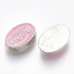 Platinum Alloy Enamel Cabochons, Fit Floating Locket Charms, Oval with Hope, Pink, Platinum, 5.5x8.5x2mm
