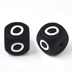 Letter O Food Grade Eco-Friendly Silicone Beads, Horizontal Hole, Chewing Beads For Teethers, DIY Nursing Necklaces Making, Cube, Black, Letter.O, 12x12x12mm, Hole: 2mm