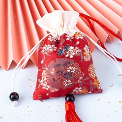 Rouge Pochettes de fleurs brodées en soie, sac de cordon, rectangle avec pompon, rouge, 11.5x8.5 cm