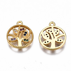 Real 18K Gold Plated Brass Micro Pave Cubic Zirconia Charms, Nickel Free, Ring with Tree, Real 18K Gold Plated, 15x12x2mm, Hole: 1.2mm