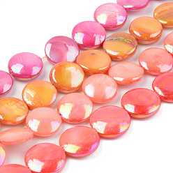 Couleur Mélangete Galvanoplastie des brins de perles de coquille d'eau douce naturelle, teint, plat rond, couleur mixte, 11.5x2.5~4mm, Trou: 0.8mm, Environ 34 pcs/chapelet, 14.80 pouce (37.6 cm)