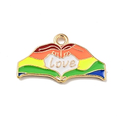 Colorful Rainbow Color Alloy Enamel Charms, Hand with Heart & Word Love, Light Gold, Colorful, 13x22.5x1.5mm, Hole: 1.5mm