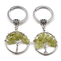 Peridot Natural Peridot Flat Round with Tree of Life Pendant Keychain, with Iron Key Rings and Brass Finding, 6.5cm