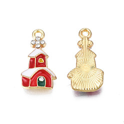 Red Rack Plating Alloy Enamel Pendants, with Crystal Rhinestone, Cadmium Free & Nickel Free & Lead Free, Light Gold, Christmas, House, Red, 22x11.5x3mm, Hole: 1.8mm