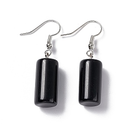 Obsidian Natural Obsidian Cylindrical Dangle Earrings, Platinum Brass Jewelry for Women, 42mm, Pin: 0.7mm