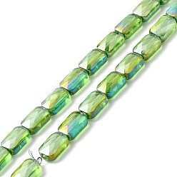 Lime Green Transparent Electroplate Glass Beads Strands, Rainbow Plated, Faceted, Rectangle, Lime Green, 9x6x4mm, Hole: 1.2mm, about 72pcs/strand, 25.98''(66cm)