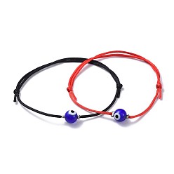 Mixed Color Adjustable Nylon Thread Bracelet Sets, with Handmade Lampwork Evil Eye Round Beads and Brass Crimp Beads, Mixed Color, 1-3/4 inch~3-3/8 inch(4.6~8.5cm), 1~2mm, 2pcs/set