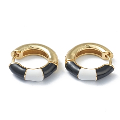 Black Two Tone Brass Enamel Huggie Hoop Earrings, Ring, Golden, Black, 18x4mm, Pin: 1mm