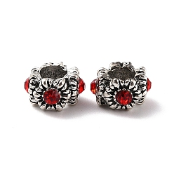 Antique Silver Alloy European Beads, with Siam Rhinestone, Large Hole Beads, Flower, Antique Silver, 10~11x6mm, Hole: 5mm