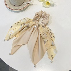 Marron Clair Accessoires de cheveux élastiques en polyester à motif de fleurs, pour les filles ou les femmes, avec perle imitation perle en plastique, chouchou/élastiques à cheveux chouchous avec longue queue, foulard à nœud noué, bisque, 210mm