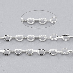 Серебро Паяные латунные сердечные цепи, с катушкой, серебряный цвет гальваническим, 1.8x2.4x0.4 мм, около 39.37 футов (12 м) / рулон