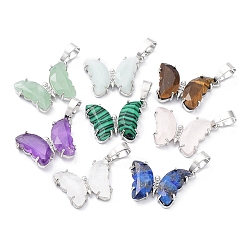 Mixed Stone Natural & Synthetic Mixed Gemstone Pendants, with Rack Plating Platinum Plated Brass Findings, Cadmium Free & Lead Free, Faceted Butterfly Charms, 17x22.5x4mm, Hole: 8x5mm