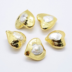 Blanco Perlas naturales perlas de agua dulce cultivadas, borde dorado plateado, corazón, blanco, 28~30x27.5~30x15~21 mm, agujero: 1 mm