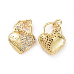 Golden Brass Micro Pave Clear Cubic Zirconia Pendants, with Jump Rings, Heart Lock with Flower Key, Golden, 21.5x16x3mm, Hole: 4mm