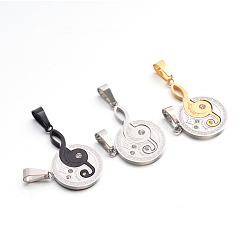Mixed Color Valentine's Couple Jewelry 304 Stainless Steel Rhinestone Flat Round and Musical Note with Word Love You Pendants, Mixed Color, 28x24x3mm, Hole: 5.5x10.5mm, 12x35.5x3mm, Hole: 5.5x10mm