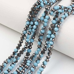 Light Sky Blue Electroplate Opaque Glass Beads Strands, Half Black Plated, Faceted, Rondelle, Light Sky Blue, 6x5mm, Hole: 1mm, about 85~88pcs/strand, 16.1~16.5 inch(41~42cm)