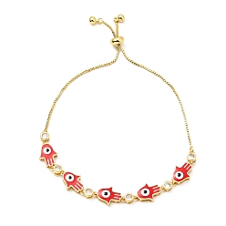 Red Clear Cubic Zirconia & Enamel Hamsa Hand with Evil Eye Links Slider Bracelet, Gold Plated Brass Jewelry for Women, Lead Free & Cadmium Free, Red, 10-5/8 inch(27cm)