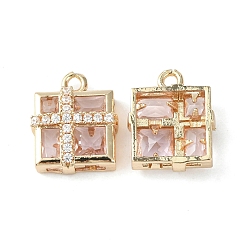 Rosy Brown Brass Pave Cubic Zirconia Pendants, Light Gold, Gift Box Charm, Rosy Brown, 15x12.5x5mm, Hole: 1.6mm