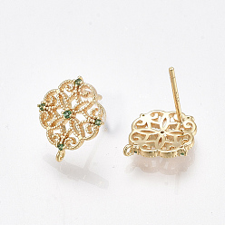 Green Brass Stud Earring Findings, Cubic Zirconia and Loop, Nickel Free, Real 18K Gold Plated, Flower, Green, 13x12mm, Hole: 0.8mm, Pin: 0.8mm