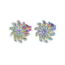 Rainbow Color Ion Plating(IP) 304 Stainless Steel Stud Earring Findings, Earring Settings for Rhinestone, Flower, Rainbow Color, Fit For: 1.2mm rhinestone, 12mm, Pin: 0.8mm