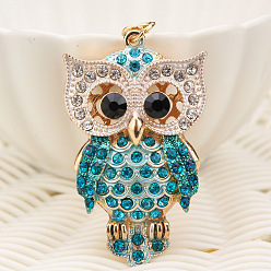 Blue Zircon Owl Alloy Rhinestone Keychain, Cute Animal Charms Purse Handbags Decorations, Blue Zircon, 125x40mm