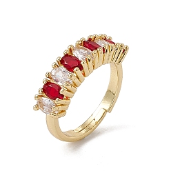 Crimson Rack Plating Brass Cubic Zirconia Cuff Rings for Women, Oval Long-Lasting Plated Open Ring, Lead Free & Cadmium Free, Real 18K Gold Plated, Crimson, 2.5~5.8mm, Inner Diameter: US Size 6 1/4(16.8mm)