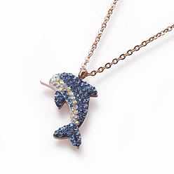 Rose Gold 304 Stainless Steel Enamel Pendant Necklaces, with Rhinestone and Cable Chains, Dolphin, Rose Gold, 17.9 inch(45.4cm), Pendant: 22x16.5x3mm