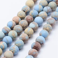 Light Sky Blue Natural Imperial Jasper Beads Strands, Dyed, Frosted, Round, Light Sky Blue, 10mm, Hole: 1mm, about 39pcs/strand, 15.3 inch(39cm)