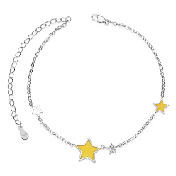 Yellow SHEGRACE 925 Sterling Silver Link Anklets, with Grade AAA Cubic Zirconia and Epoxy Resin, Star, Yellow, 8-1/4 inch(21cm)