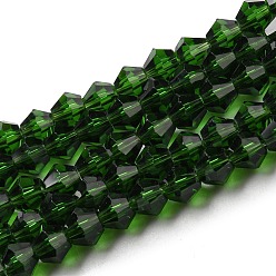 Verde Oscuro Cuentas de vidrio transparentes, facetados, bicono, verde oscuro, 3.5x3 mm, agujero: 0.8 mm, sobre 108~123 unidades / cadena, 12.76~14.61 pulgada (32.4~37.1 cm)