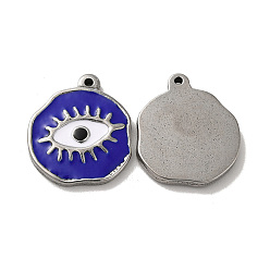 Blue 304 Stainless Steel Charms, with Enamel, Flat Round with Evil Eye, Stainless Steel Color, Blue, 21x18.5x2.5mm, Hole: 1.4mm